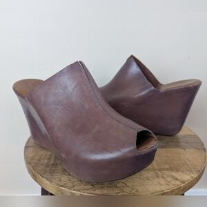 Kork-Ease Leather Peep Toe Wedges/Platform Slide Sandals, Brown (SIZE 8/39)